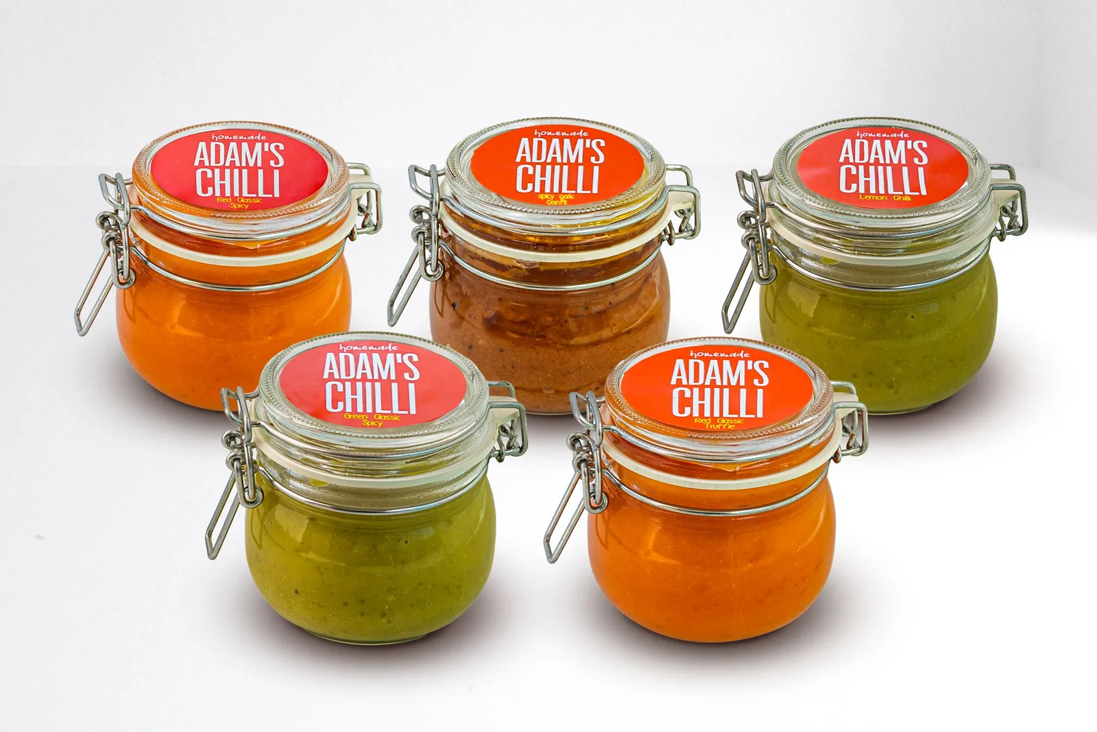 Adam's Chilli jars: Red Classic, Red Truffle, Green Basil, Lemon Chilli and Garlic Confit